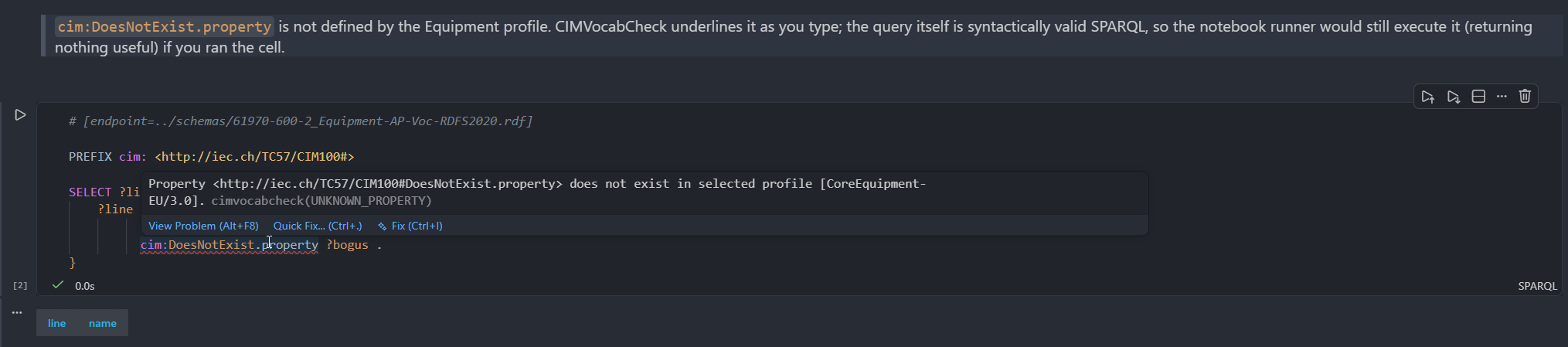 A SPARQL Notebook cell validated by CIMNotebook in VS Code